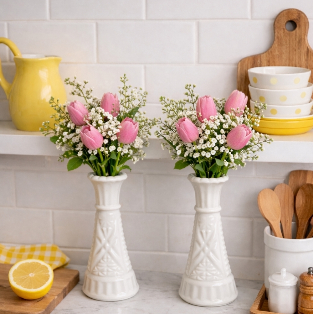 Set Of 2 Vintage Short Milk Glass Vases